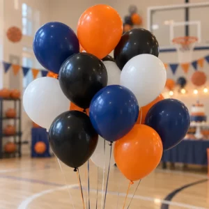 Orange, dark blue, black and white latex balloon bouquet at a basketball party