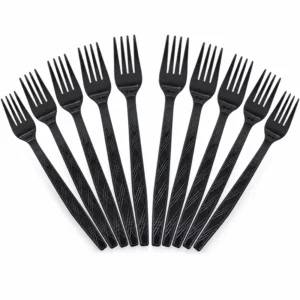 Ten black plastic party forks arranged on a white background