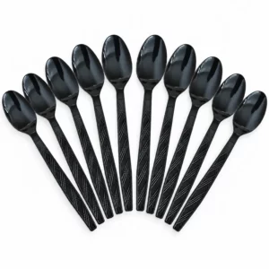 Ten black plastic party spoons arranged on a white background