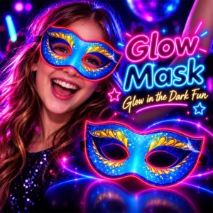 Blue masquerade eye mask with gold decorative detailing at a neon-themed party