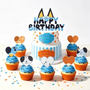Bluey Happy Birthday cake topper with matching cupcake toppers