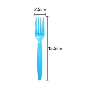 Bright blue plastic party fork measuring 15.5cm by 2.5cm