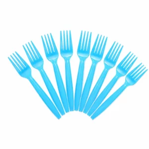 Ten bright blue plastic party forks arranged on a white background