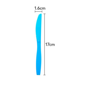 Bright blue plastic party knife measuring 17cm by 1.6cm