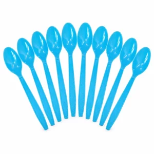 Ten bright blue plastic party spoons arranged on a white background