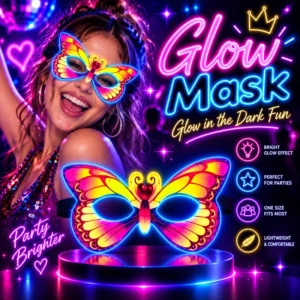 Colourful butterfly-shaped eye mask with pink, yellow and blue wing details at a neon party