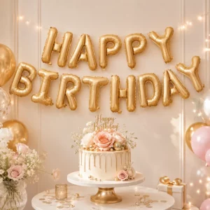Caramel foil balloon letters spelling Happy Birthday above a birthday cake