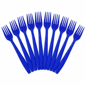 Ten dark blue plastic party forks arranged on a white background
