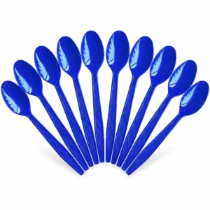 Ten dark blue plastic party spoons arranged on a white background