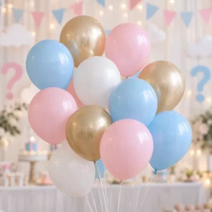 Light blue, pink, white and gold latex balloons at a gender reveal party