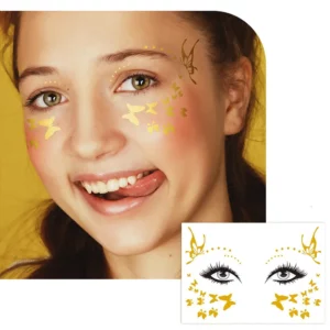 Gold foil butterfly face tattoo shown on a model and transfer sheet
