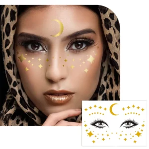 Gold foil moon and stars face tattoo shown on a model and transfer sheet