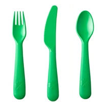Green plastic fork, knife and spoon