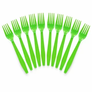 Ten green plastic party forks arranged on a white background