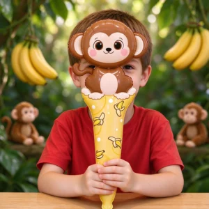 Child holding a brown monkey handheld foil balloon wand with yellow banana handle