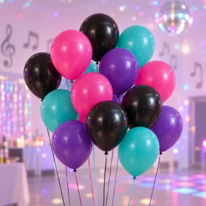 Hot pink, turquoise, purple and black latex balloons at a music disco party