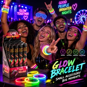 Guests wearing colourful neon party glow stick bracelets beside 10-PK boxes