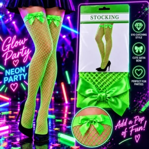 Neon green fishnet thigh-high stockings with matching bows shown on a model and in packaging