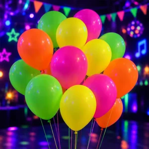 Neon pink, orange, yellow and green latex balloons at a neon party
