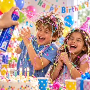 Children celebrating with Party Choice Crazy String Spray and colourful party string