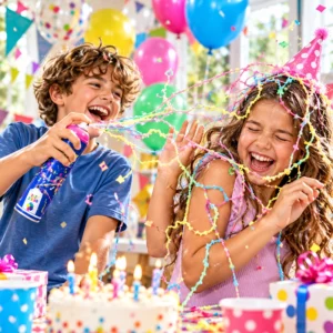 Child holding Party Choice Crazy String Spray beside colourful party string and balloons