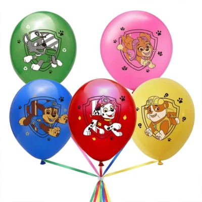 Five PAW Patrol character balloons in green, pink, blue, red and yellow