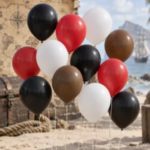 Black, red, brown and white latex balloons at a pirate party