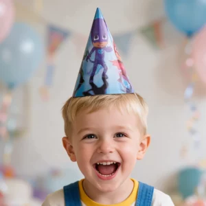 Child wearing a blue PJ Masks cone paper party hat