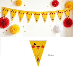 Yellow Pikachu triangle flag banner displayed with red and yellow party decorations