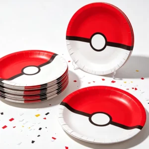 Red and white Pokémon Pokeball round party plates