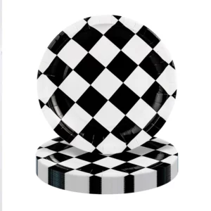 Black and white checkered round race car party plates