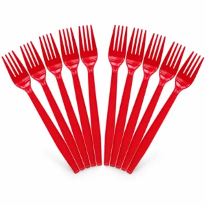 Ten red plastic party forks arranged on a white background