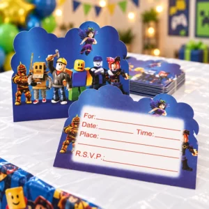 Blue Roblox birthday invitation cards with colourful game character designs