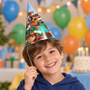 Child wearing a Roblox character cone paper party hat