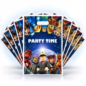 Ten blue Roblox Party Time loot bags with colourful game character designs
