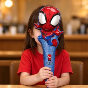 Child holding a red and blue Spider-Man handheld foil balloon wand