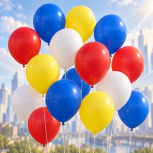 Red, blue, yellow and white latex balloons at a Superman party