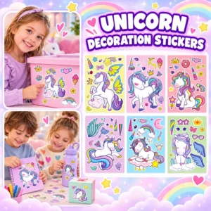 Six colourful unicorn decoration sticker sheets with rainbows and wings