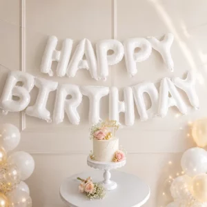 White foil balloon letters spelling Happy Birthday above a birthday cake