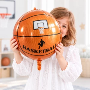 Girl holding 4D Basketball Foil Balloon 22 inch 56cm against a pale background