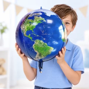 Boy holding 4D Earth Planet Foil Balloon 38cm against a pale background