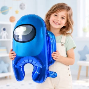 Girl holding a blue Among Us character foil balloon