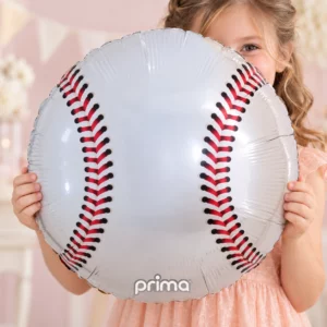 Girl holding Baseball Foil Balloon 18 inch 45cm against a pale background