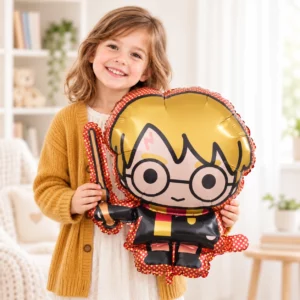 Girl holding a Harry Potter character foil balloon with round glasses and a wand