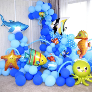 Ocean themed balloon display with octopus, fish, starfish and seahorse balloons