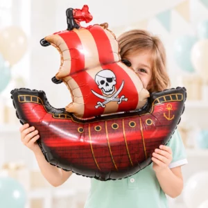 Girl holding Pirate Ship Foil Balloon 70x85cm against a pale background