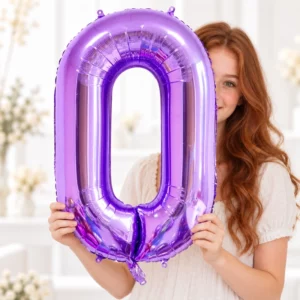 Girl holding Purple Foil Number 0 Balloon 100cm against a pale background