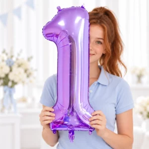 Girl holding Purple Foil Number 1 Balloon 100cm against a pale background