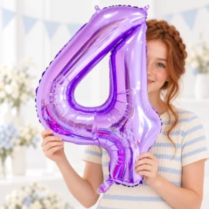 Girl holding Purple Foil Number 4 Balloon 100cm against a pale background