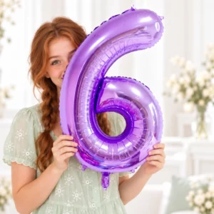 Girl holding Purple Foil Number 6 Balloon 100cm against a pale background